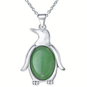 Green Aventurine Natural Stone Penguin Shaped Pendant Necklace Healing Gemstone